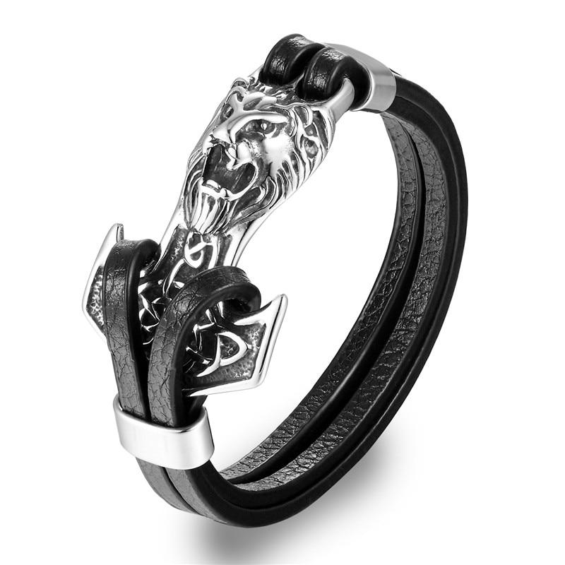 Bracelet Lion Ancre Divine (Cuir et Acier)